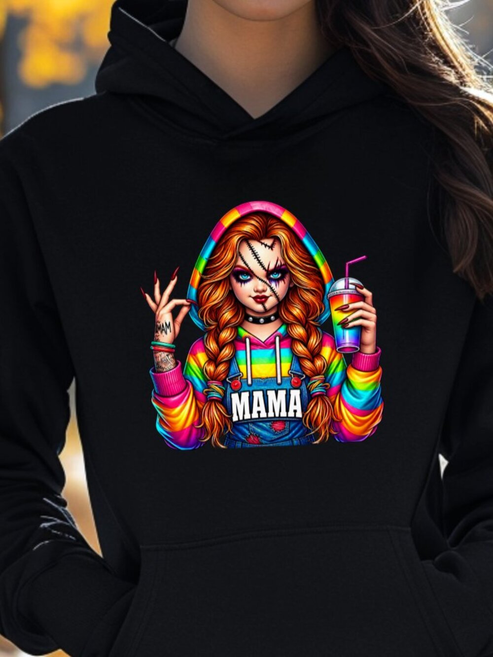 Chucky Bride Mama HOODIE Graphic Sweatshirt Rainbow Fall Halloween Horror